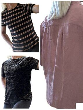 3 Short Sleeve Tops Day or Night Knit Velvet Poly Sz S-M